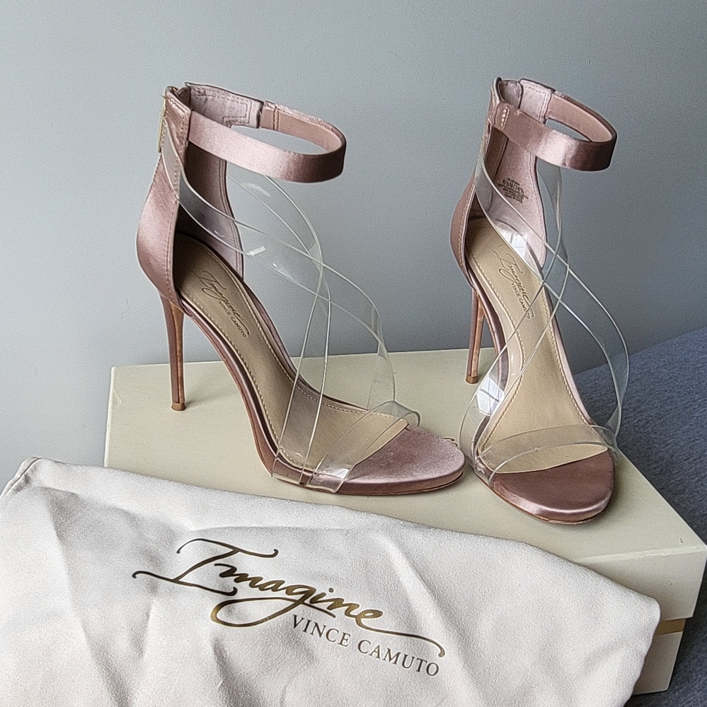 Vince Camuto warm taupe clear strap heels